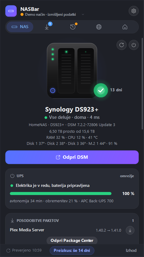 Zavihek NAS: zdravje, prostor, temperature diskov in UPS